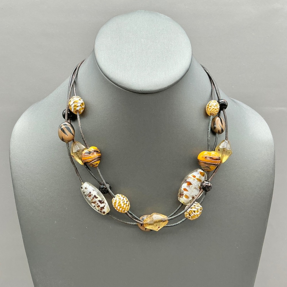 Chicos Beaded Necklace Women Multicolor Boho Triple Strand Cord Glass Heart